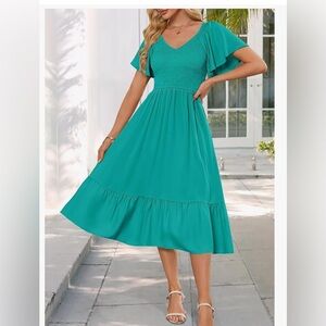 Chic Teal Midi Dress with Flutter Sleeves